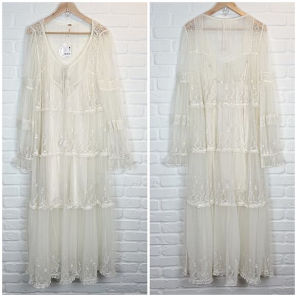 Free People Dresses & Skirts - Free People Stevie Embroidered Maxi Dress Tea Flowy Ivory Sheer Floral Lined L